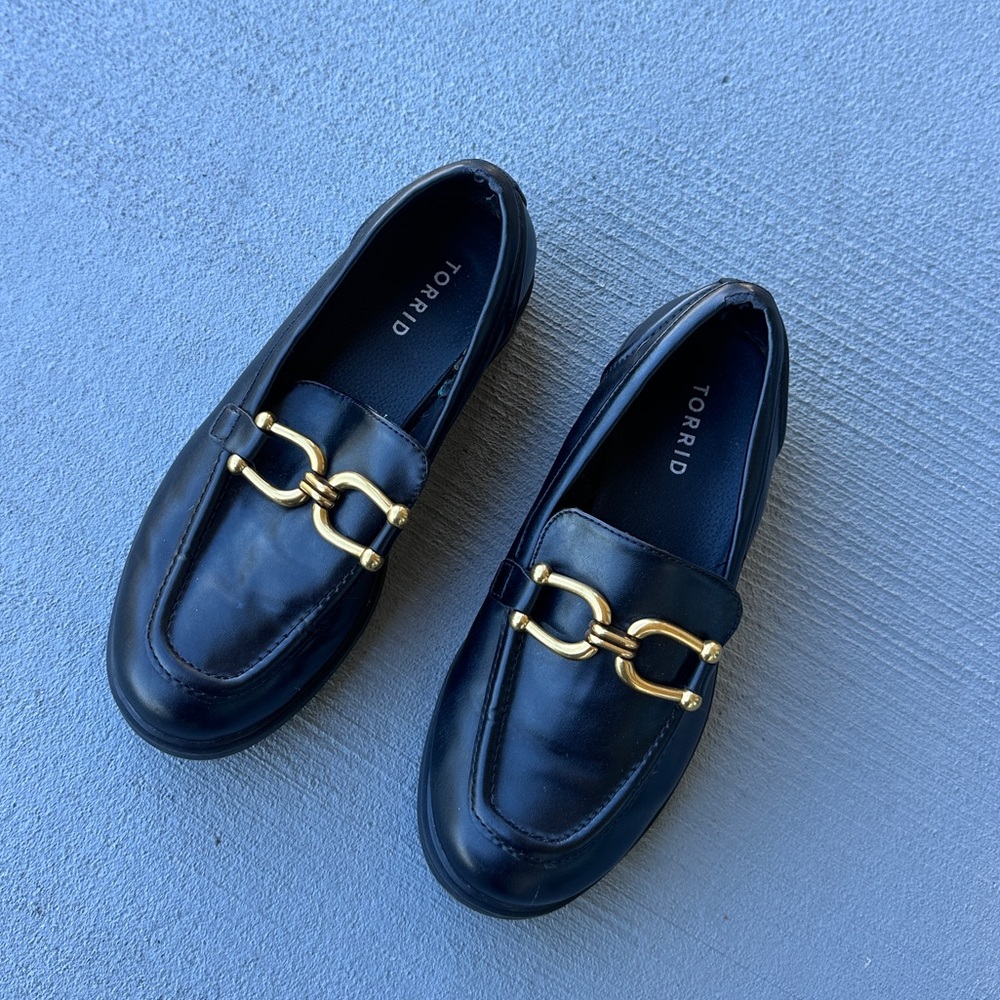 Torrid Black Loafers with Gold Chain Detail